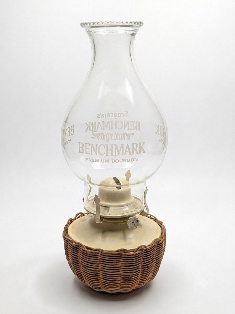 Vintage Seagram's Benchmark Bourbon Promotional Hurricane Oil Lamp w Wicker Bttm